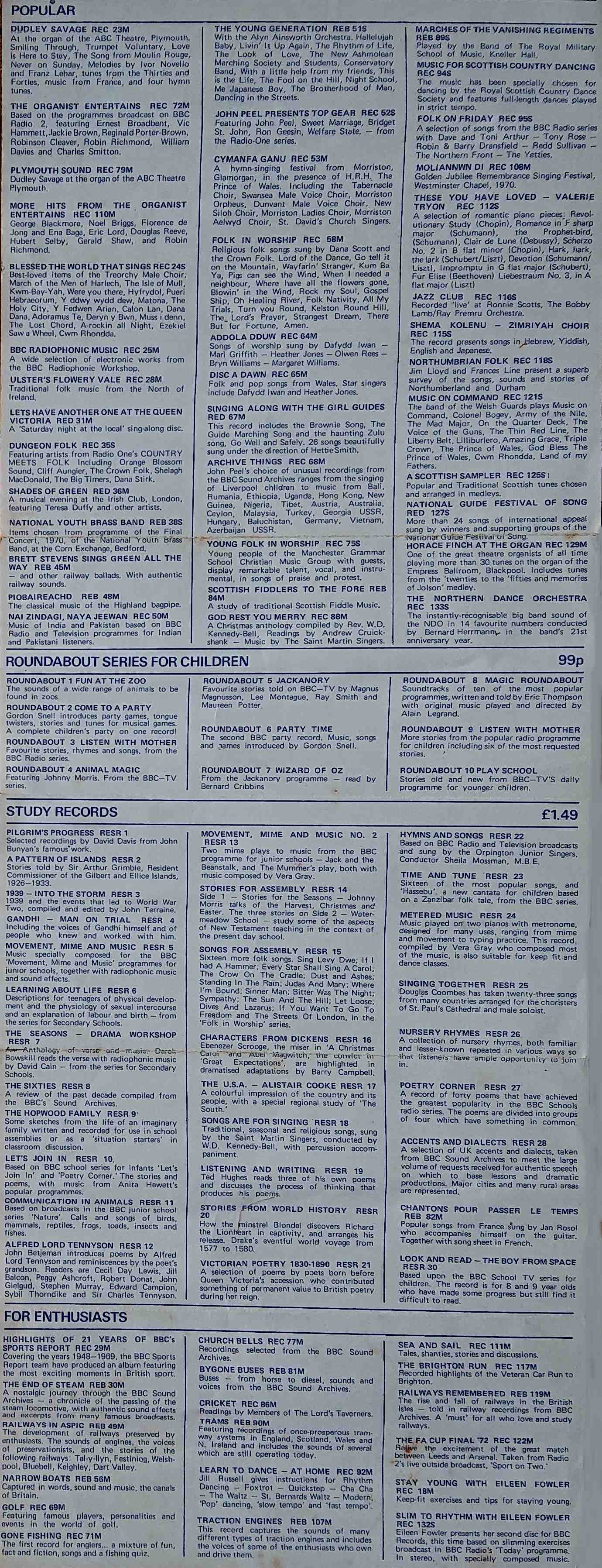 Other pages of catalogue BBC Records catalogue 1972